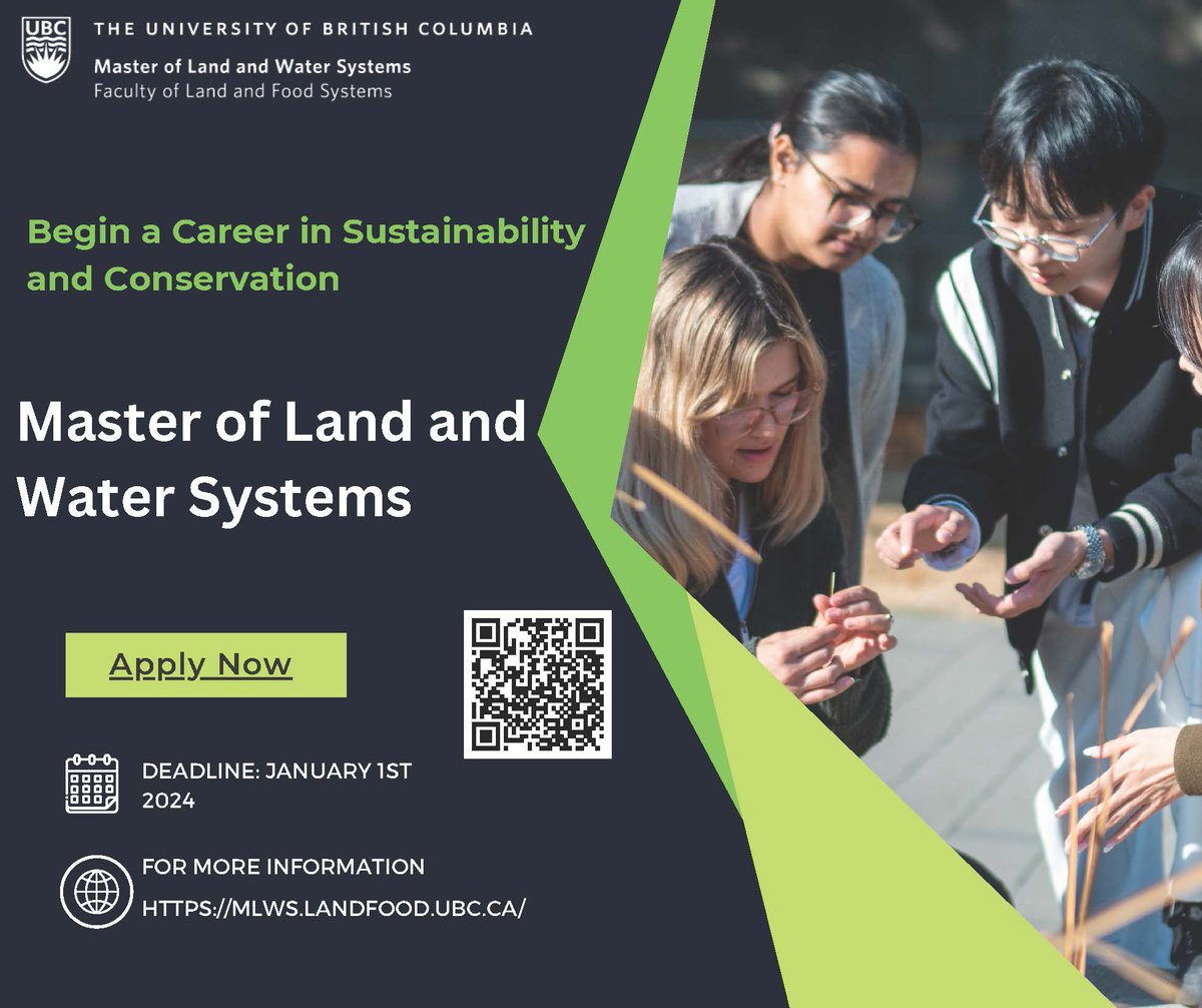 ubcMLWS's tweet photo. Looking to advance your career in the environmental sector? Apply for the 1-year, course-based Master of Land and Water Systems program today! The application period for 2024-25 closes Jan. 1, 2024. 
Contact us https://t.co/m4lqH9212Z Email: mlws.program@ubc.ca 👩‍🎓 https://t.co/HH2oWZnjaA