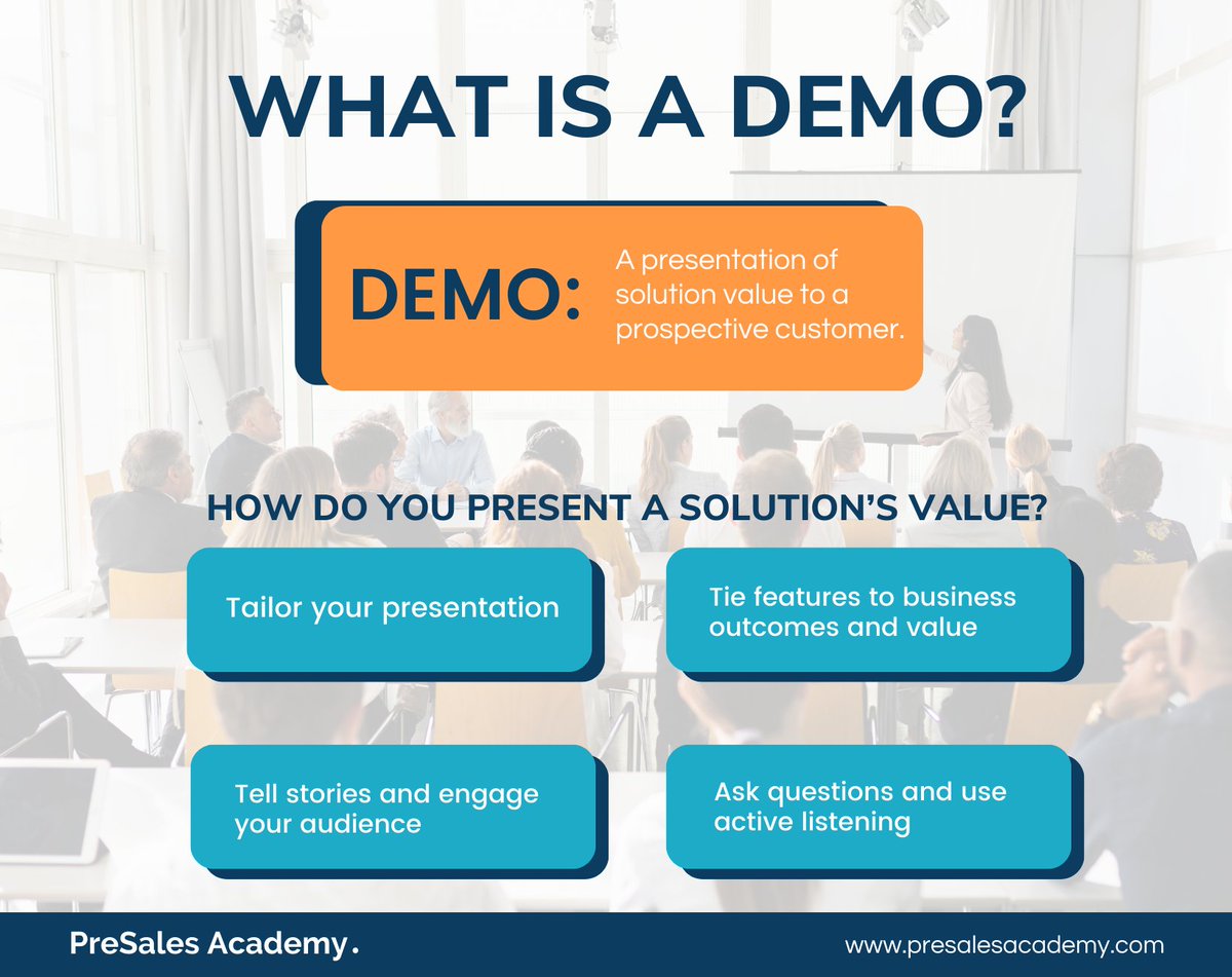PreSalesAcademy's tweet photo. A demo is more than a presentation of a software’s features and functions. It is a presentation of solution value to a prospective customer.
Want to make sure you are ready to break into this role with demo skills? Learn more at https://t.co/CkfUlSLGun🚀 https://t.co/w00nU5Jigm