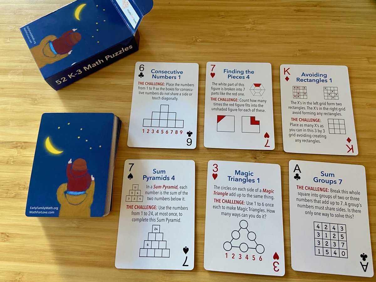 Just got 100 K - 3 Puzzle Decks in the mail! They're beautiful! 

(A joint project of Math for Love and Early Family Math.)

See the card puzzles here: earlyfamilymath.org/deck-k-3

They're not physically available yet, but sign up to get info if/when we're able to make them!

1/2
