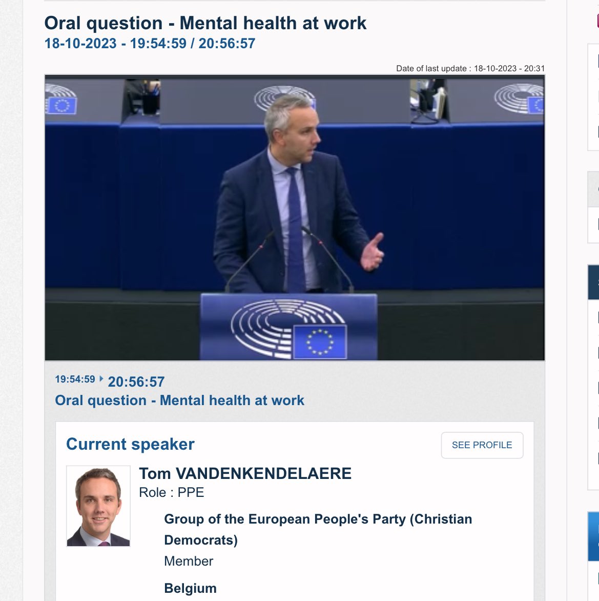 Shoutout to my colleague <a href="/tomvdkendelaere/">Tom Vandenkendelaere</a> for speaking on farmers mental health this evening in our Mental Health At Work Debate. 

Tom shared in his speech research conducted by <a href="/louisemchugh/">Louise McHugh</a> &amp; <a href="/tomas_russell/">Tomás Russell</a> <a href="/ucdagfood/">UCD School Ag & Food</a> 

#watchitback #mentalhealth 🇪🇺🇮🇪