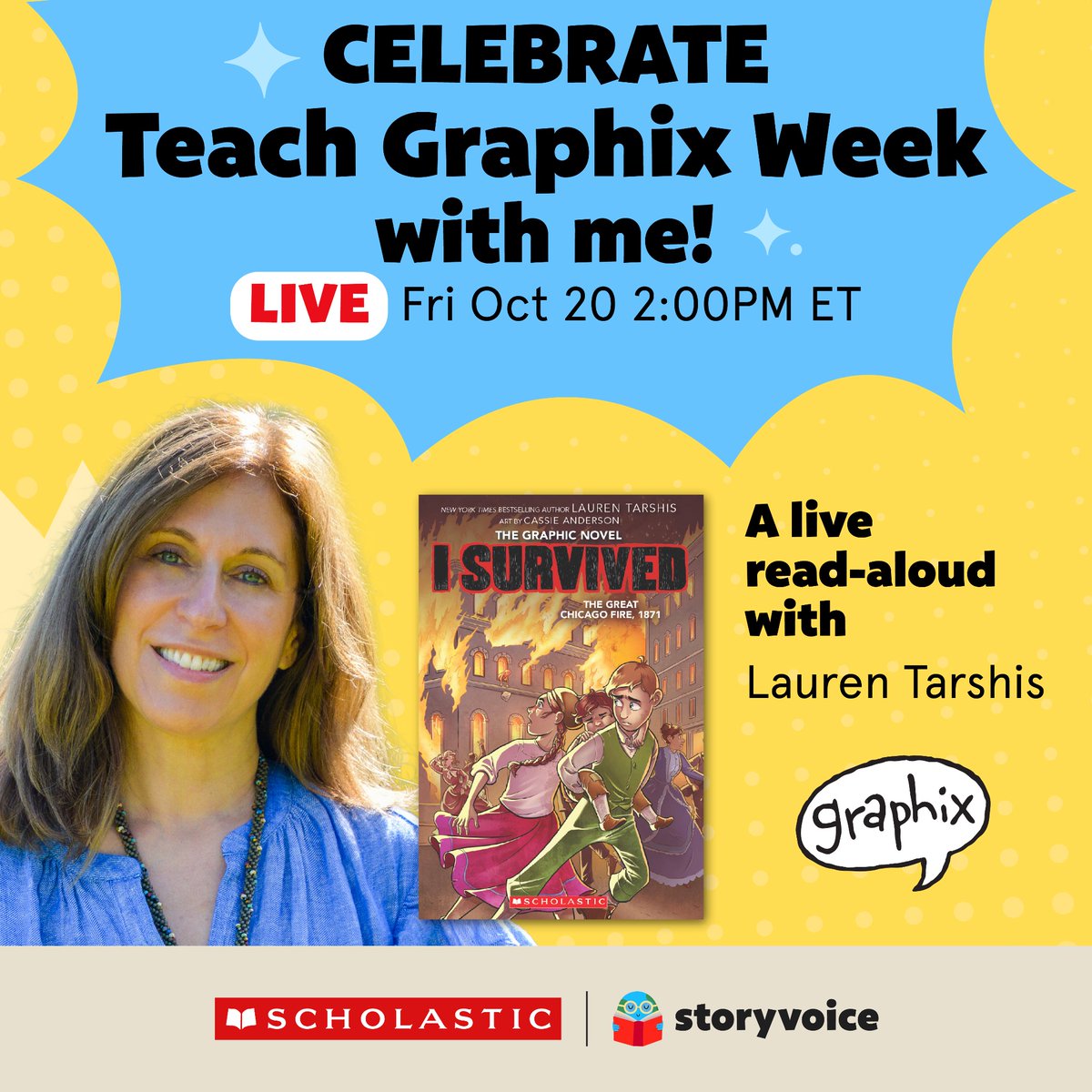 Teachers, I hope you and your students will join me this for this delightful live event this Friday. I’ll be showing off my Chicago Fire graphic novel and answering your kids’ questions. Just sign on to storyvoice.scholastic.com