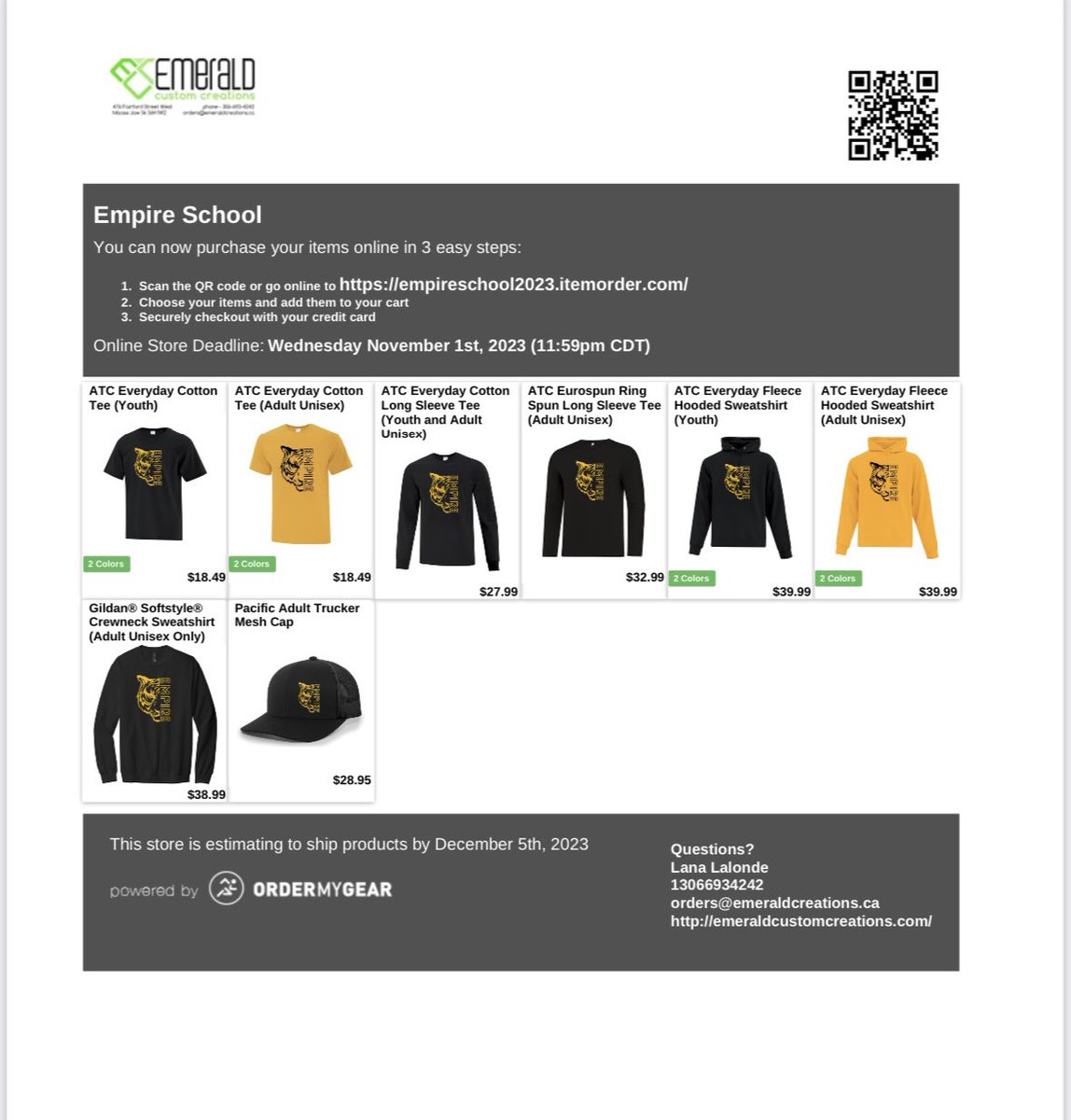Tomorrow is Empire Spirit day (wear yellow and black) AND as of today our Spiritwear is officially on sale until November 1st!! 

Purchases can be made online: empireschool2023.itemorder.com/shop/home/ or at Emerald Glass (corner of Fairford Street/5th Ave W) using cash/debit. 🐯🖤💛