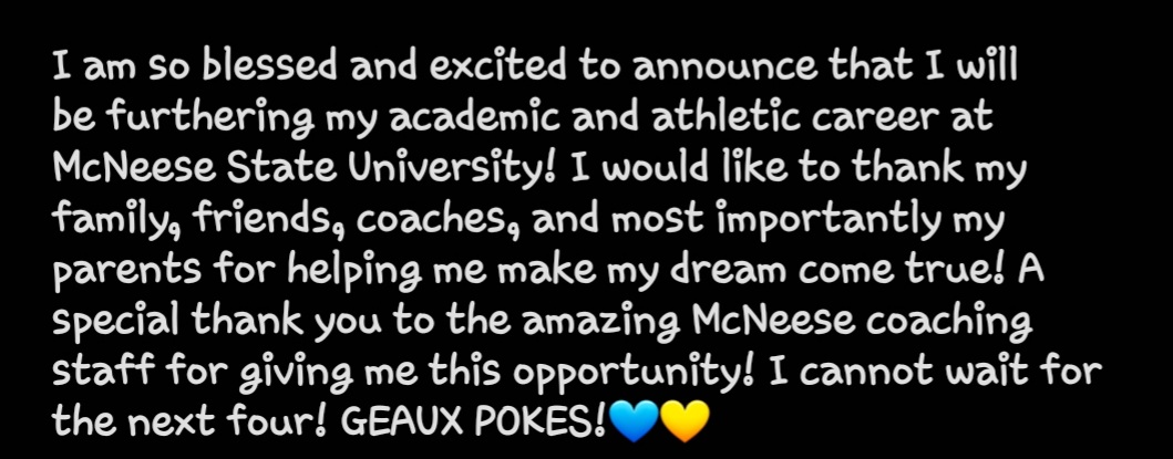 CassidySicuro's tweet photo. Dreams do come true!! Excited to announce my commitment to McNeese State University!! So thankful for Coach @jlandreneau, Coach @ShelbiSunseri, Coach @alexisotero31, and Coach Alayis for this amazing opportunity! Excited to be a Cowgirl!! GO POKES!! @Lapridegold @lamargafford https://t.co/KVDzxN2Wa3