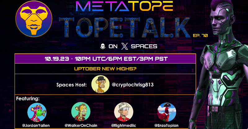 themetatope's tweet photo. TopeTalk TOMORROW at 3pm PST / 6pm EST! 

Join us for TopeTalk Ep. 70:
UPTOBER, NEW HIGHS?

With host @cryptochrisg813
Special Guests: @JordanYallen, @WalkerOnChain, @flightmediic, and @EnzoTopian.

Set a reminder:⬇️