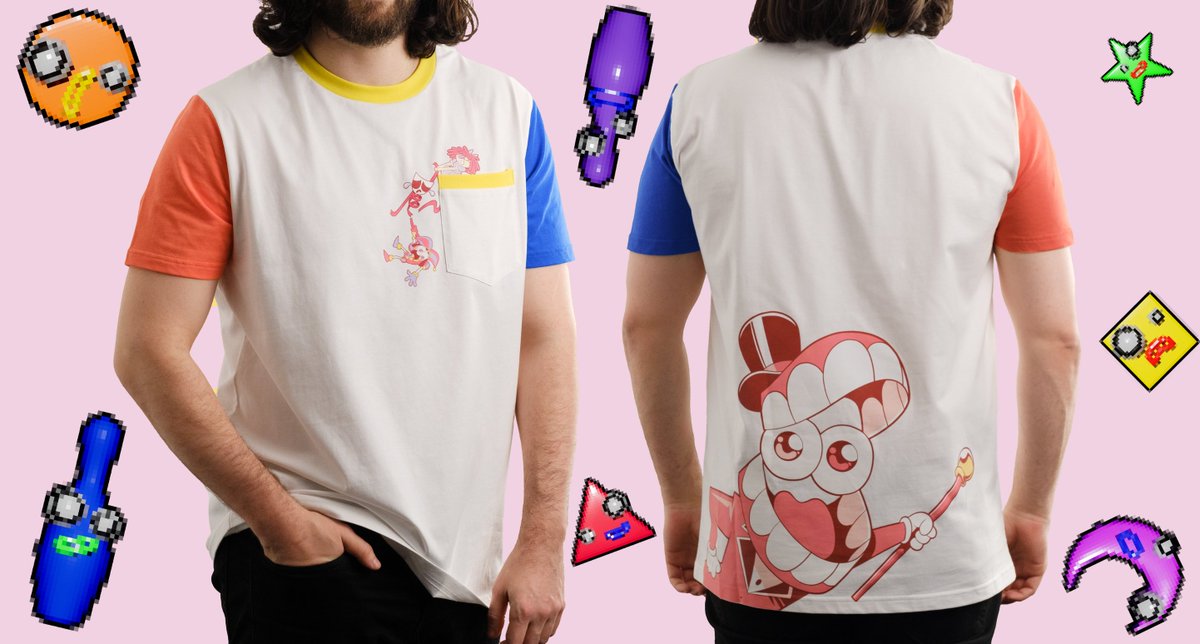 glitch_prod's tweet photo. A comfy sweater featuring the classic line that Jax definitely said during the pilot ANDD ofc the perfect tee! Fun in the front, and Caine in the back! Watching! Just…behind you. Waiting Forever. https://t.co/OQ1ij2zN49