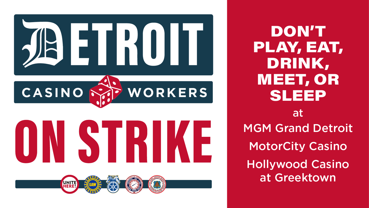 unitehere's tweet photo. Detroit casino workers are ON STRIKE for fair wages and to defend our health insurance and job security.

Show your solidarity! Don't:
❌EAT
❌DRINK
❌MEET or
❌SLEEP
at @MGMGrandDetroit @MotorCityCasino or @HwoodGreektown! https://t.co/0EXjYBRZKu