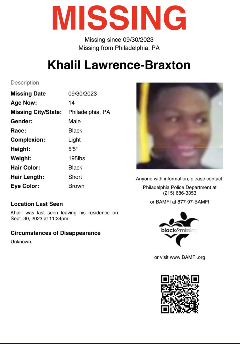 Philadelphia, PA: 14y/o Khalil Lawrence-Braxton was last seen on Sept 30th leaving his residence at 11:34pm. He was wearing a grey t-shirt &amp; black jeans. #HelpUsFindUs #KhalilLawrenceBraxton