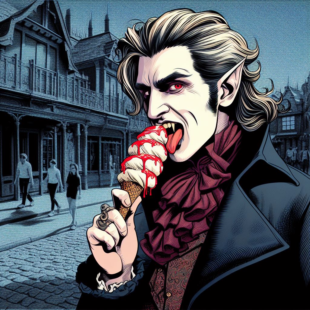 tgwtq's tweet photo. I'm still having fun with AI images. 
Prompt: vampire eating icecream in disney land 😁 https://t.co/YbFSRmEtRB