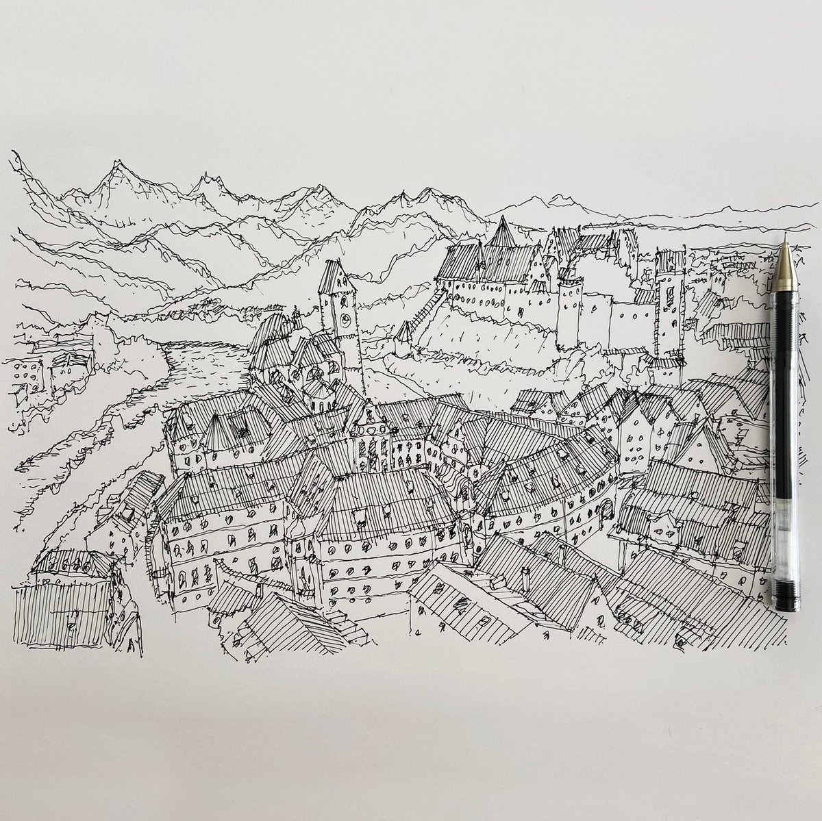 VagaLinea's tweet photo. Aerial view of Fussen’s Old Town.
#HohessSchloss #StMangMonastery #Fussen #Füssen #Bavaria #Bayern #Germany #InkDrawing #UrbanSketch #SketchDaily #Sketch #Drawing #Pen #Ink #Pendrawing #Sketchart #Drawingoftheday #Sketchoftheday #Sketch_Artwork #Architecture #Art https://t.co/3kBoQ2BL6C