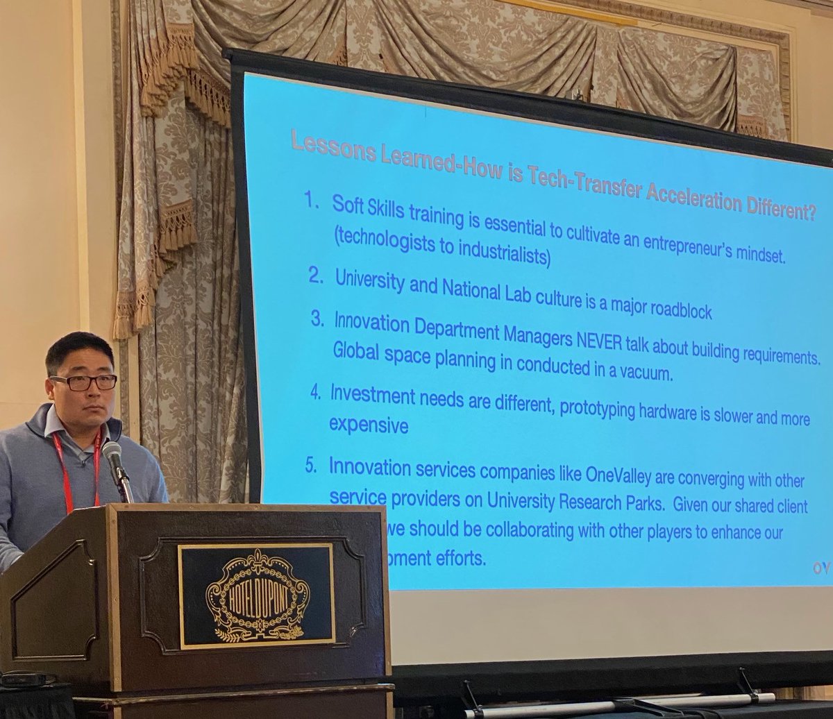 #AURP2023: Alex Fang, Director of Social Impact, @theonevalley, talks about the many unique characteristics of OneValley's #techtransfer acceleration work, helping drive accelerated product development and company growth.  #ResearchParks #InnovationDistricts #UniversityResearch
