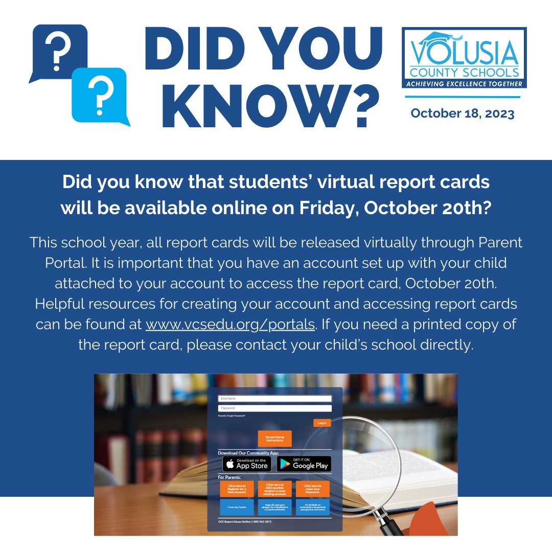 This school year, report cards will be available online via the Parent Portal. Make sure your account is connected to your child to access their report card on October 20th.  Helpful resources for creating your account and accessing report cards can be found at