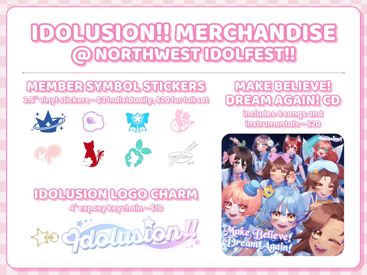 📢 Attention ⁠#NWIF2023 Goers! 

Come get your Idolusion Merch!! They'll all be purchasable during our Meet-and-Greet after our performance so we hope you'll all stop by! 💞 

Our performance is at 1:30pm Saturday on the Main Stage! ✨

[ #Idolusion #Vsinger ]