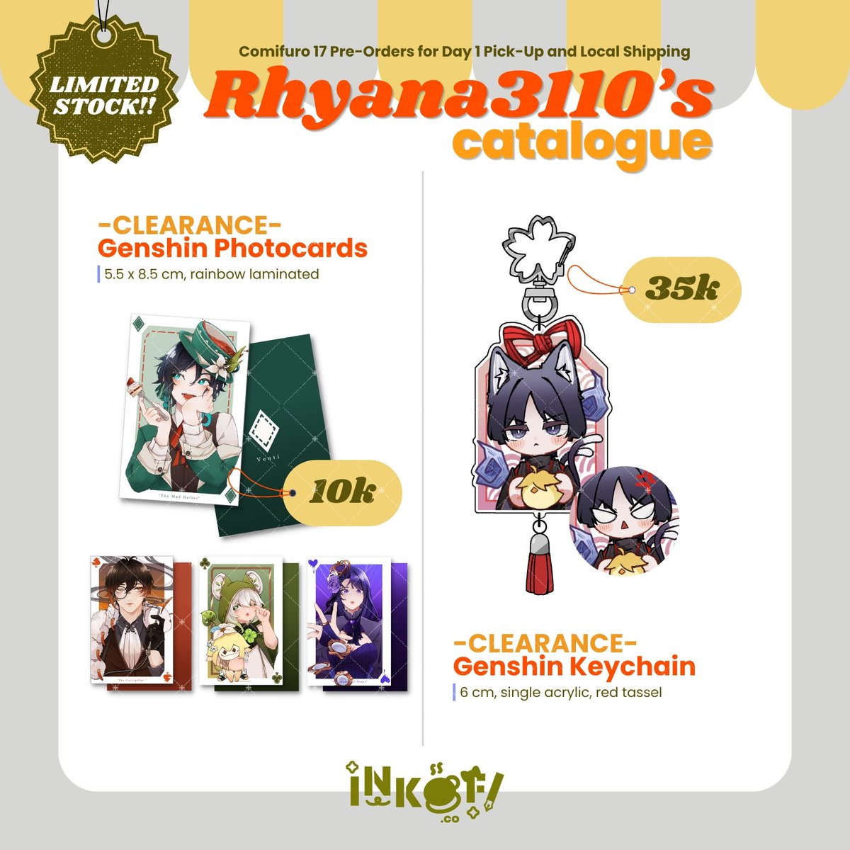 rhyana3110's tweet photo. [RT &amp; likes are appreciated 🧡]

🔶️ Open PO for #comifuro17 Day 1 and Local Shipping 🔶️

📆 19 - 23 October 2023

Fandom : #Genshinimpact #Honkaistarrail

📍Day 1 @ INKOFI (booth number TBA)

🔗 https://t.co/t9wZYAKDPs

#cf17 #comifuro17Catalogue #cf17catalogue https://t.co/dKShSscJtq