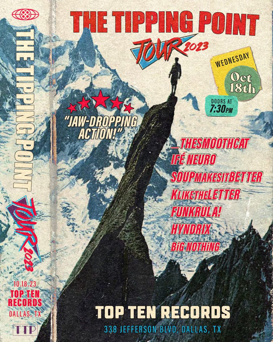 BeKnownPosts's tweet photo. The Tipping Point Tour. 🧗🏼

Kicks Off In Dallas, TX, Tonight.

Sponsored In Part By Be Known. 

Featuring: @SoupMakesBetter @IfeNeuro @KltlAirways @YoFUNKRULA @superhyndrix @shredsum 

Ticket Link: https://t.co/Do7SDOl8hJ

#BeKnown #TheTippingPointTour #HipHop https://t.co/i8lShYkt08