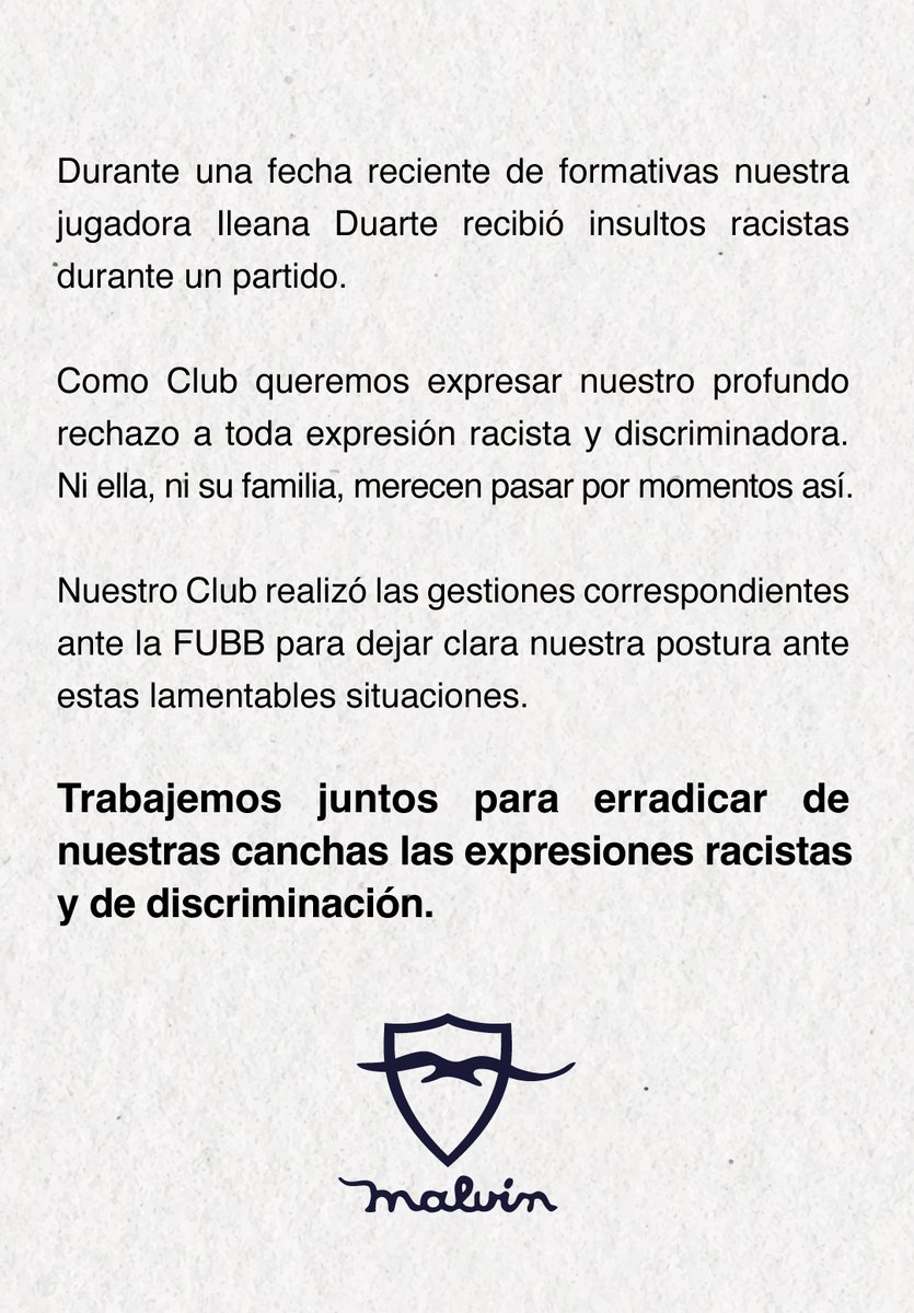ClubMalvin's tweet photo. Comunicado ante la lamentable situación que vivió nuestra querida Ile, jugadora de formativas de basket femenino.
👉Fuera el racismo y la discriminación de nuestras canchas. https://t.co/4MVO6zdMW0
