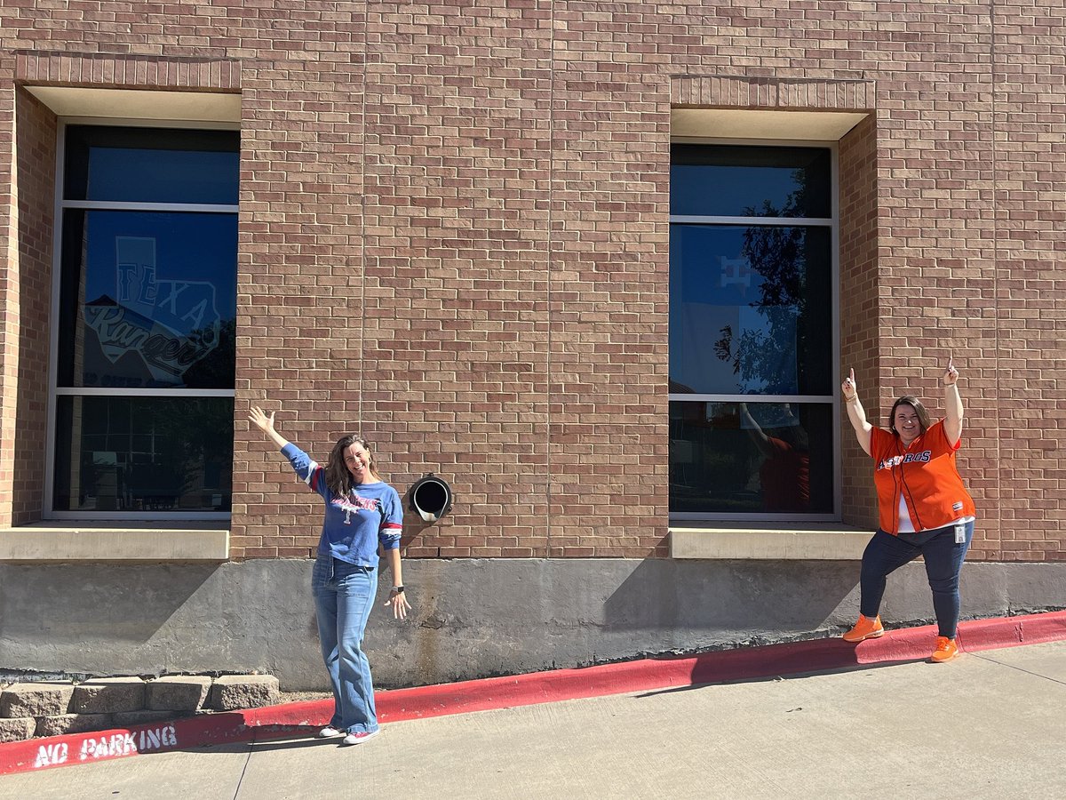 Friendly rivalry at the Library between the Library Director and Manager. If you come through the Library’s drive-up window, give us a honk. One long honk for Rangers and 2 quick honks for Astros. #gorangers⚾️ #gostros⚾️ #alcs2023 <a href="/Rangers/">Texas Rangers</a> <a href="/astros/">Houston Astros</a> #MLBPostseason