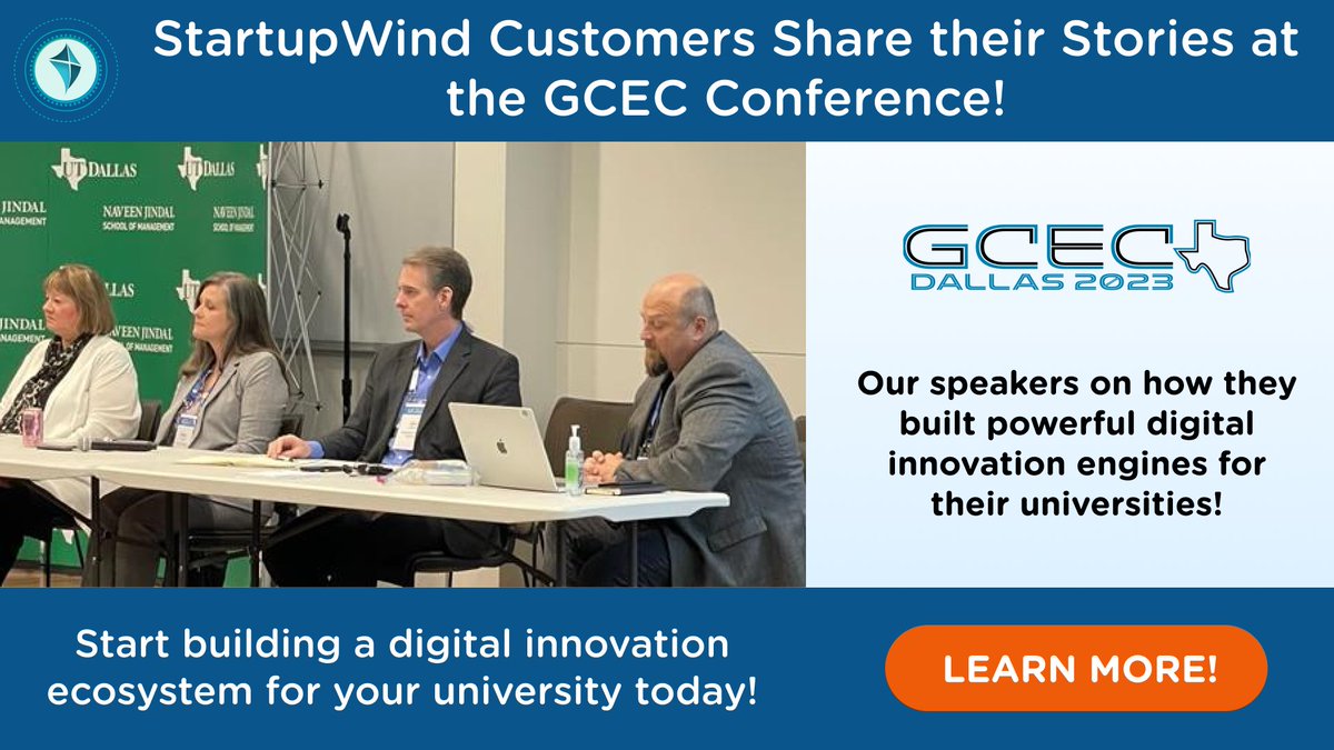 StartupWind's tweet photo. A huge thank you to Dr. Brian Cuevas, Dr. Dirk Brown, Eileen O'Toole, and Dr. Theresa M. Welbourne for sharing their customer stories at the GCEC Conference!

Build a digital innovation ecosystem for your university today!
https://t.co/xaJkBZeFvq

#GCEC #innovation https://t.co/lFB1BzANCh