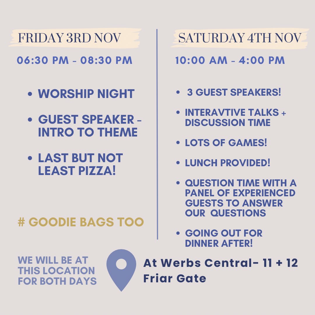 🙌SCHEDULE FOR CU WEEKEND🙌. 

3rd + 4th NOVEMBER 

FRI - 6:30pm-8:30pm 

SAT - 10am-4pm  

@ werbs central / 11 + 12 friar gate DE1 1BU

We can not wait🎉