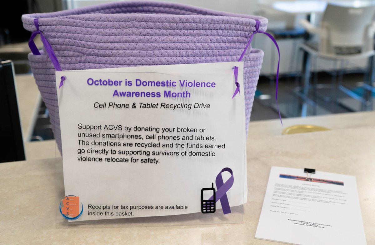 arizonaago's tweet photo. An old cell phone can save a life.
AGO team members have been donating unused cell phones and tablets to the @ACVS_AZ Relocation Project which uses the devices to assist in relocating domestic violence survivors to safety. #DVAM #Every1KnowsSome https://t.co/D1PVxYIVs4