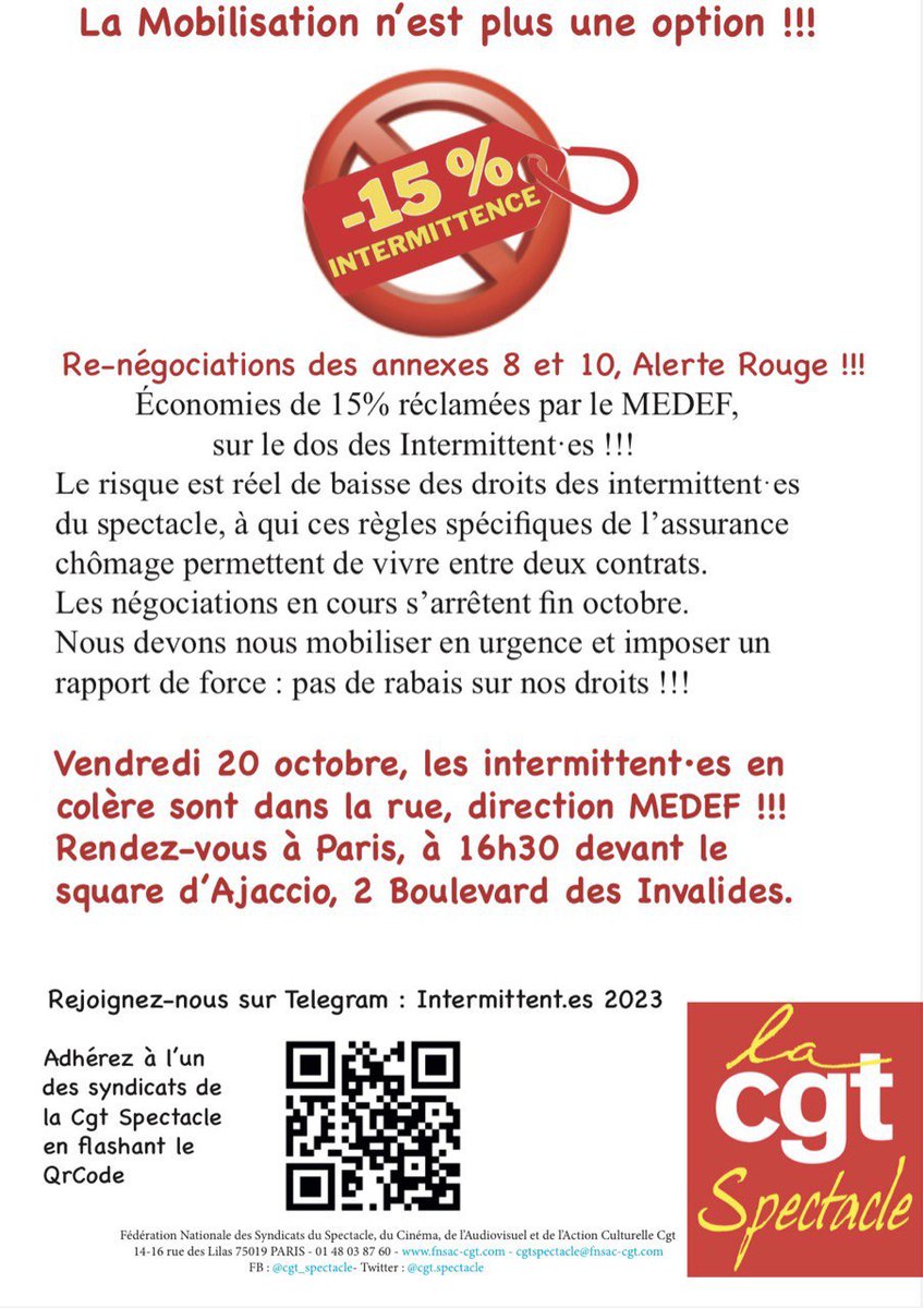heritier_louise's tweet photo. L'intermittence du spectacle à nouveau menacée par le MEDEF
Rdv vendredi 20 dans la rue
#cultureenlutte #assurancechomage #intermittentduspectacle #cgtculture #sfacgt #medef https://t.co/ts6trsOnoU