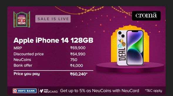 Apple iPhone 14 128 GB at ₹60,240 effectively (with HDFC on Tata Neu)

Blue: bitl.in/MBTZji

Midnight: bitl.in/ei09n1

Starlight: bitl.in/FKnAbj

Purple: bitl.in/xTVIfm

Get your Tata Neu Card: bit.ly/42Sijv0