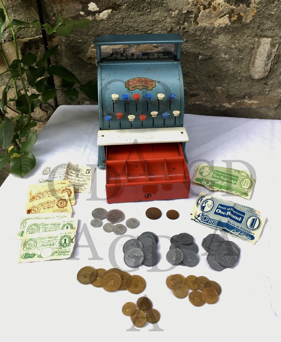 A handsome vintage Codeg metal child’s cash register and play money. 
See it and more at,
Dieudonneart.com/antiques 

#vintageshowandsell #buymyshithour #htlmphour
#ForNetworking #MakersHour 
#vintagetoys #toys #collectables 
#westmidlandshour #gifts
