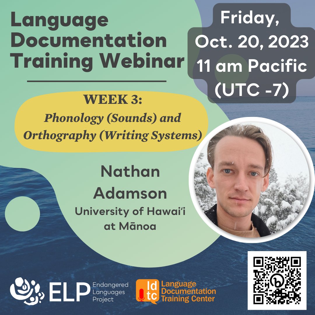 _ELProject's tweet image. Friday - join us for Week 3 of the #LanguageDocumentation webinars! We&apos;ll be learning about documenting the #phonology (sounds) of your language, and talking about #orthography (writing systems) you could use. 🗣️✍️

bit.ly/ELP-webinar23