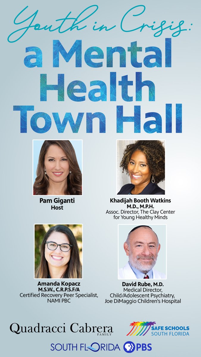 WPBT2 (@wpbt2) on Twitter photo TONIGHT! Join <a href="/YourSouthFL/">Your South Florida</a> host <a href="/PamGiganti/">Pam Giganti</a>
and a panel of experts for an important conversation on the youth #mentalhealth crisis, and the latest resources for parents and at-risk adolescents. Stream on YouTube starting @ 7pm - youtube.com/live/A0ErAqJjB… TONIGHT! Join <a href="/YourSouthFL/">Your South Florida</a> host <a href="/PamGiganti/">Pam Giganti</a>
and a panel of experts for an important conversation on the youth #mentalhealth crisis, and the latest resources for parents and at-risk adolescents. Stream on YouTube starting @ 7pm - youtube.com/live/A0ErAqJjB…