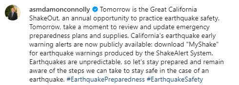 Tomorrow is the Great California ShakeOut, an annual opportunity to practice earthquake safety. Earthquakes are unpredictable, so let's stay prepared and remain aware of the steps we can take to stay safe in the case of an earthquake. #EarthquakePreparedness #EarthquakeSafety
