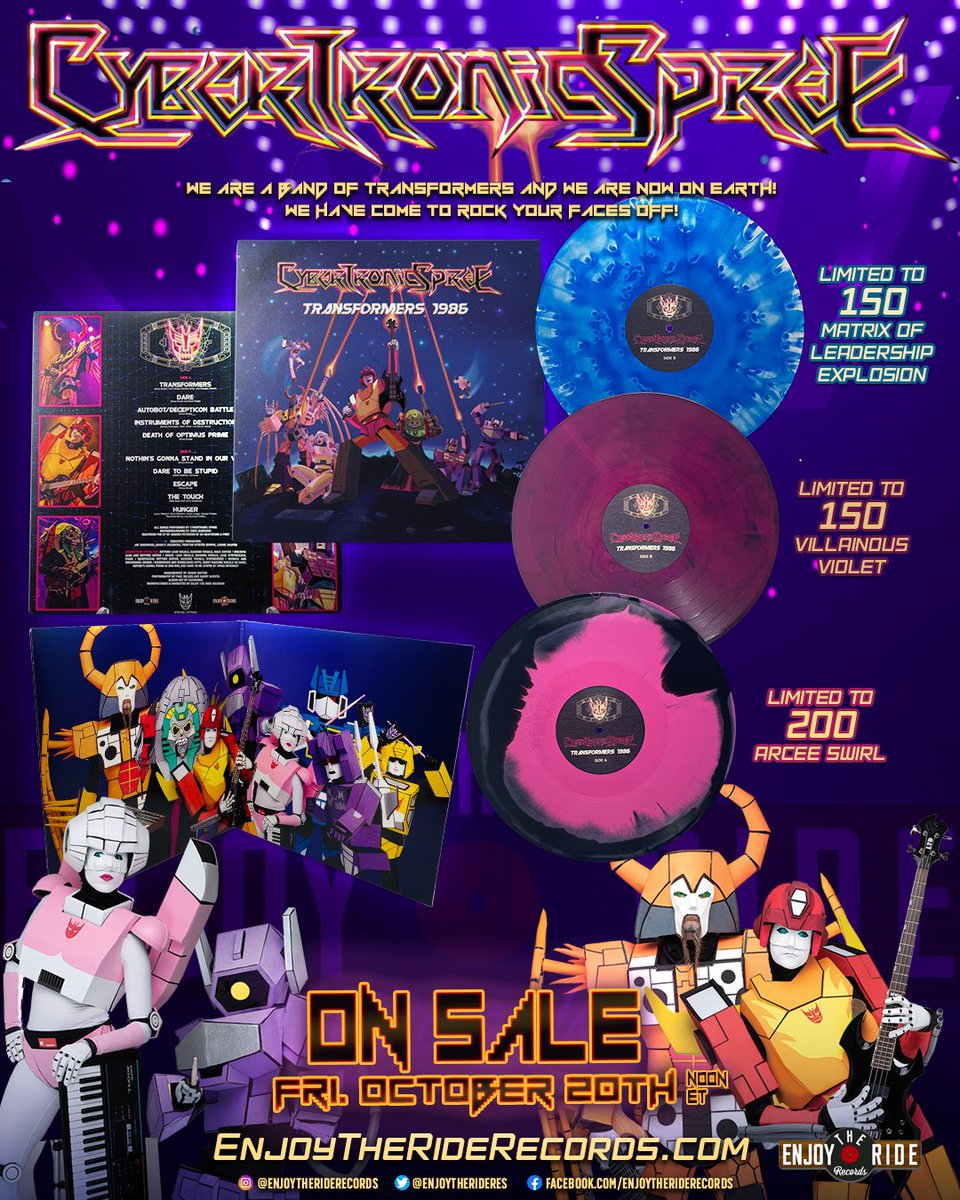EnjoytherideRES's tweet photo. On Sale Friday at Noon ET: @cybertronicband - RAVAGE (on vinyl for the first time) & the highly anticipated repress of Transformers 1986. #TheCybertronicSpree #Transformers #VinylDrop https://t.co/CyZ5yEsqWD