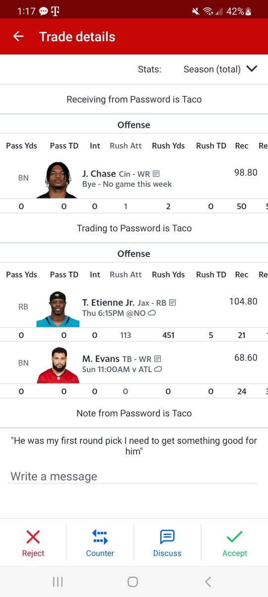 dagoat80's tweet photo. @MichaelFFlorio @michael florio would you accept this trade? I get chase. My other backs are breece hall, Josh jacobs, David Montgomery and johnathon taylor https://t.co/1hE7FEwMoC