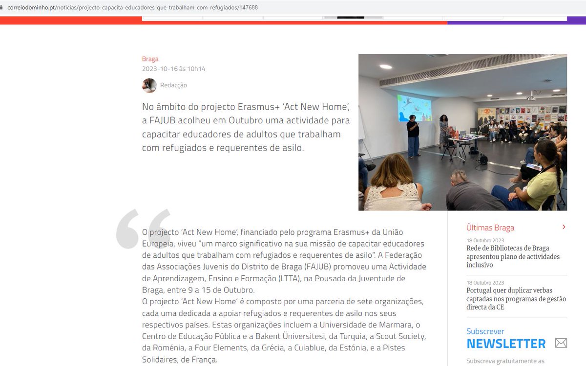 ActNewHome's tweet photo. The news about the LTT activity we carried out in Braga within the scope of the Act New Home project was published in a Portuguese newspaper#başkenthalkeğitimimerkezi #kadıköyhalkeğitimmerkezi #pistessolidaires #cuiablueoü #fajub #scoutsociety #marmarasiyasal #ulusalajans https://t.co/wPHd6VvQFZ