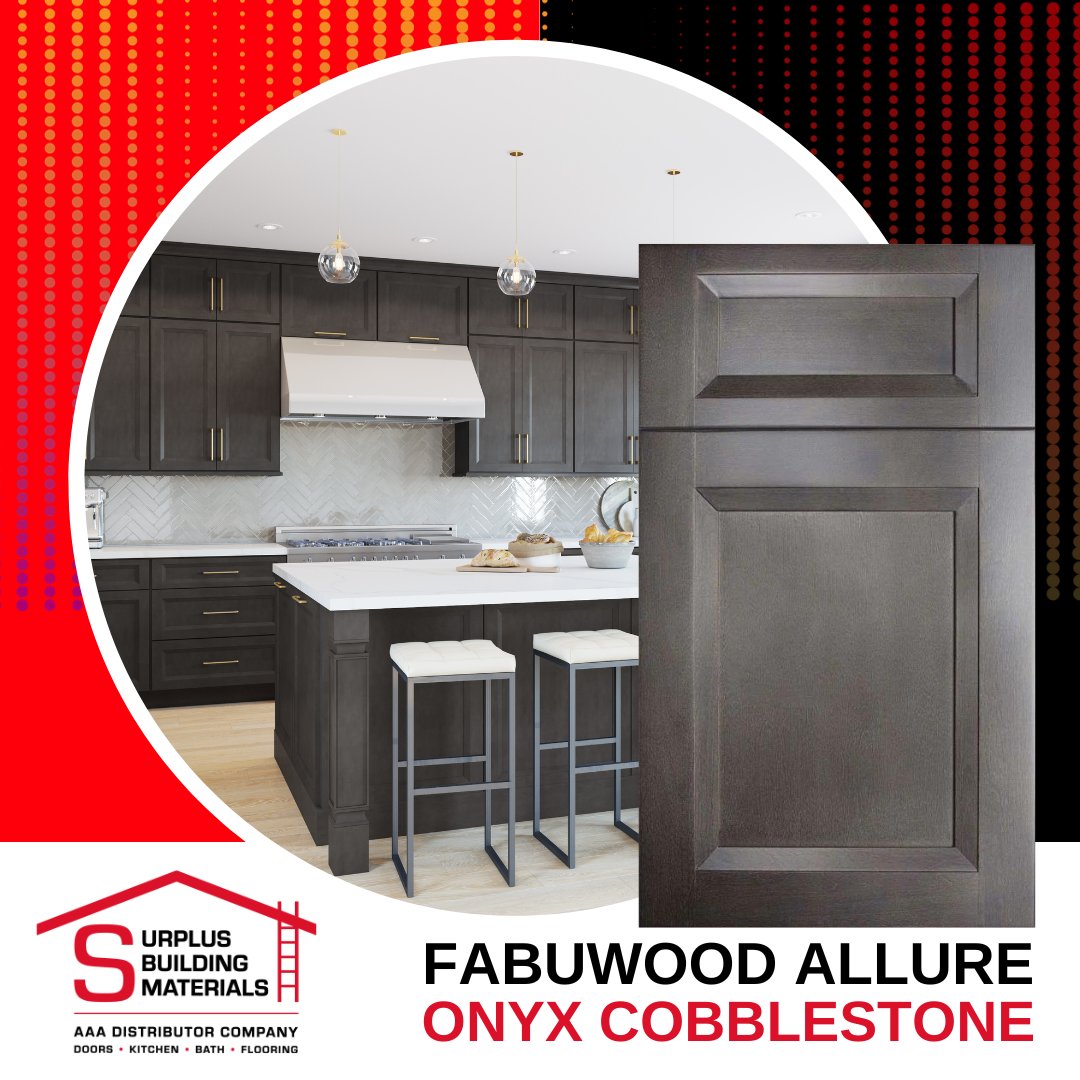 SurplusTx's tweet image. Enhance your kitchen with our adaptable Onyx line. These clean-cut, shaker-style cabinets can complete both modern and traditional kitchens. Cobblestone is an elegant cross between traditional brown and transitional dark gray.
