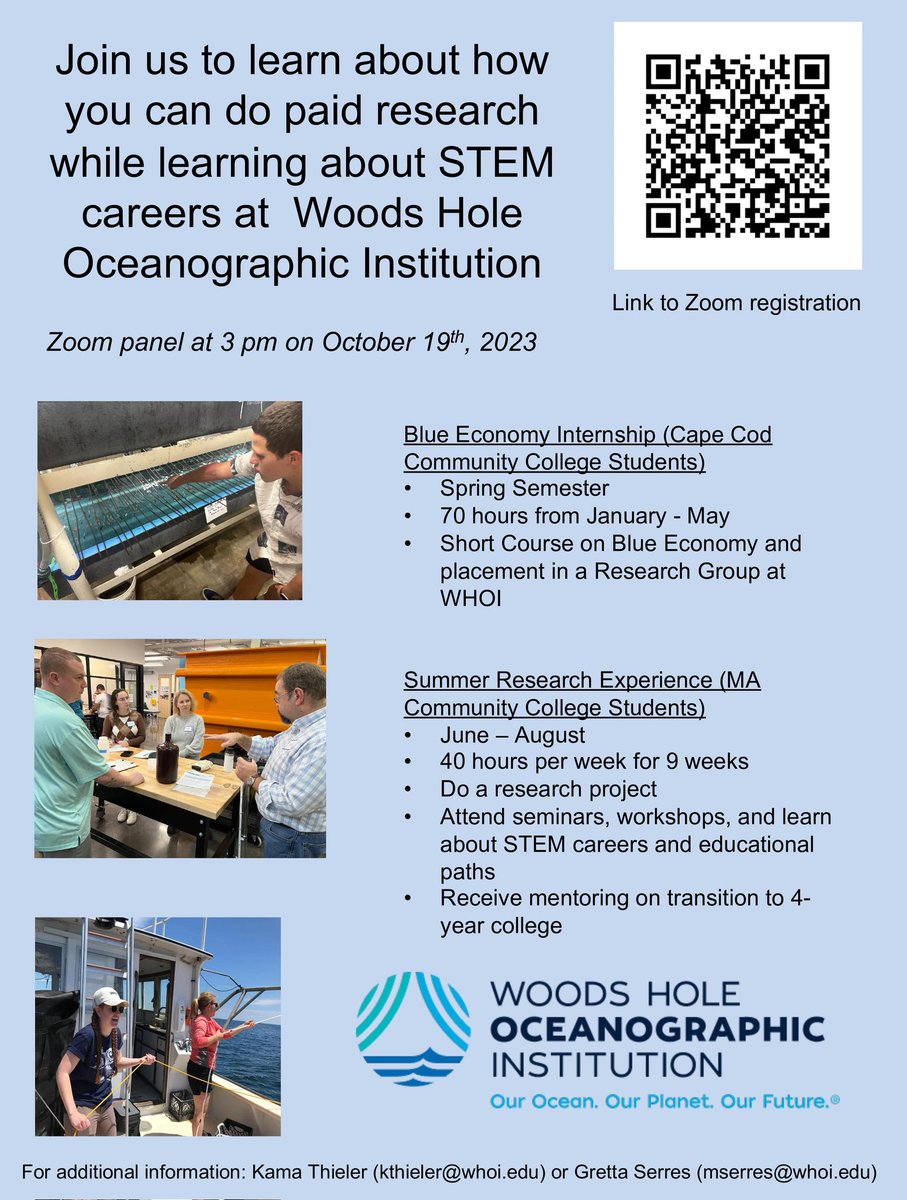 Thurs at 3pm on Zoom! Exploring Ocean Sciences Research @WHOI for Community College students for @MassSTEMWeek. Get paid to learn about a #STEM career! #SeeYourselfinSTEM Register here: capecod.zoom.us/meeting/regist… @CapeCodComCol @BristolCC @MassasoitCC