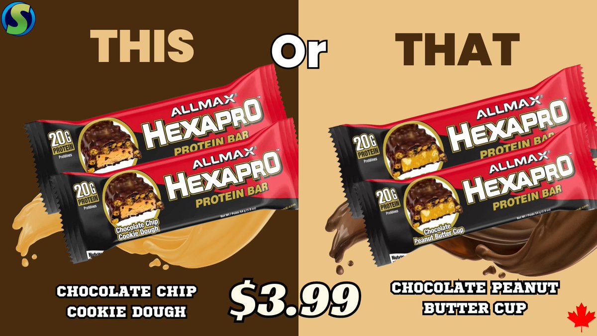 suppsourceca's tweet photo. AllMax HexaPro Protein Bars - Only $3.99! Can't decide? 🤤 Chocolate Chip Cookie Dough or Chocolate Peanut Butter Cup?🍫💪
#ProteinFix #ChooseYourBar #allmax #proteinbar #hexapro #hexaproproteinbar #protein #proteinfood #proteinsnack #proteinshake #protein #proteinsmoothie #proteinbreakfast #gymlife #weightloss #supplement #diet #supplementsthatwork #lifestyle #vegan #energy #training #healthyliving #gains #gymmotivation