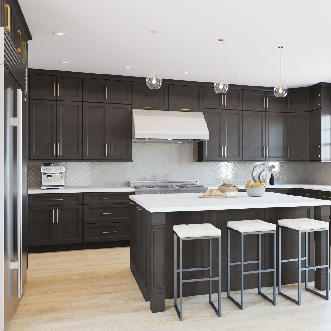 SurplusTx's tweet image. Enhance your kitchen with our adaptable Onyx line. These clean-cut, shaker-style cabinets can complete both modern and traditional kitchens. Cobblestone is an elegant cross between traditional brown and transitional dark gray.