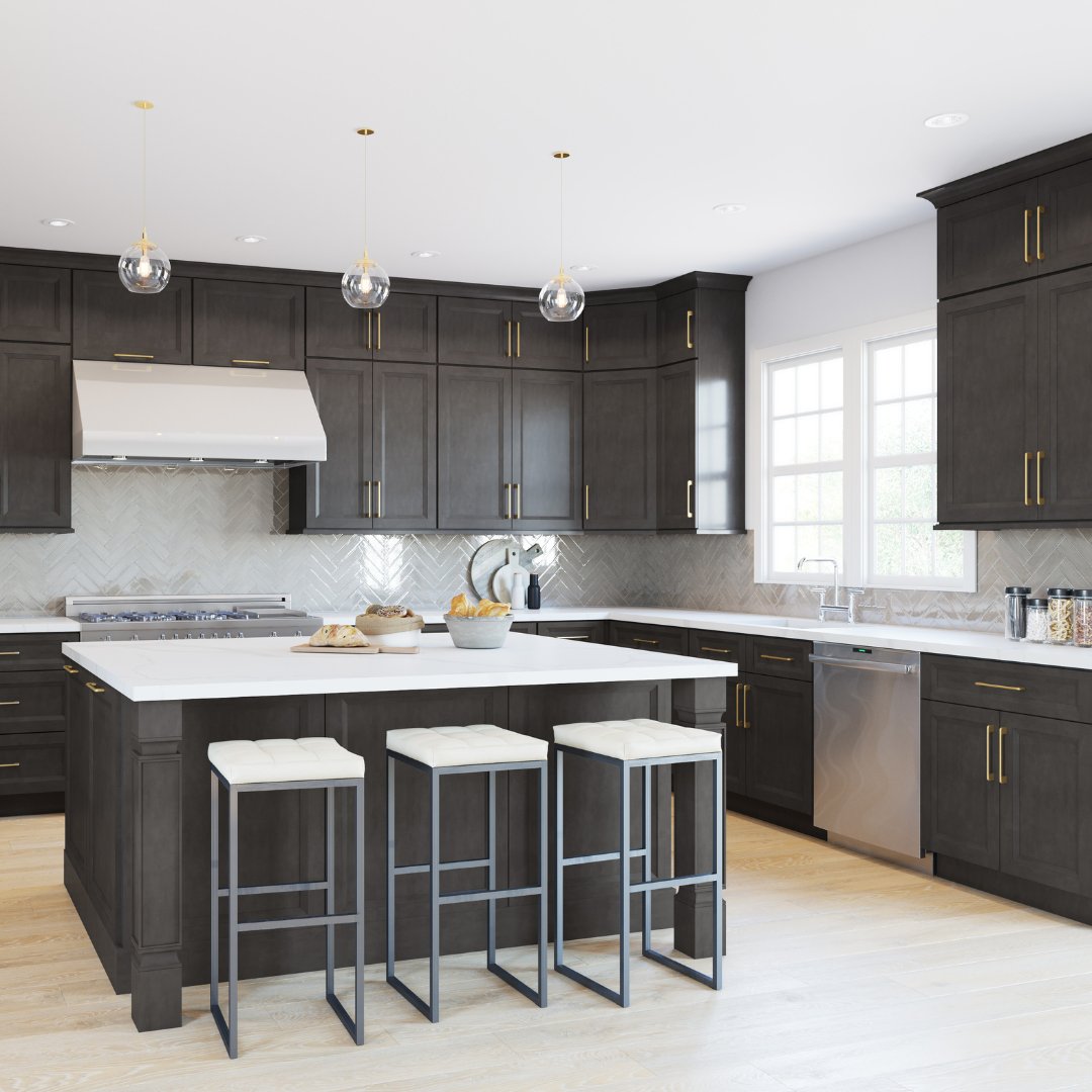 SurplusTx's tweet image. Enhance your kitchen with our adaptable Onyx line. These clean-cut, shaker-style cabinets can complete both modern and traditional kitchens. Cobblestone is an elegant cross between traditional brown and transitional dark gray.