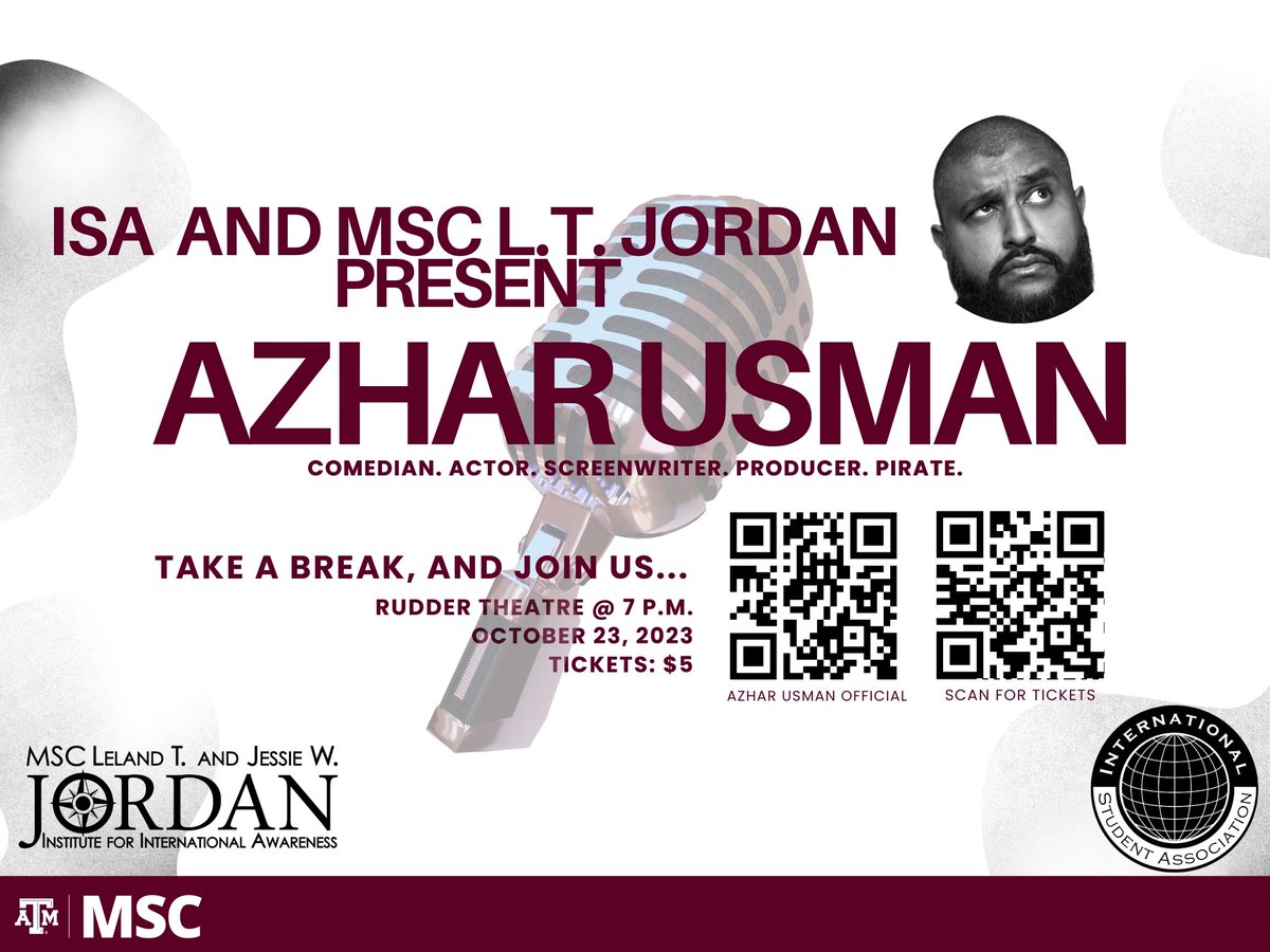 TAMU_ISA's tweet photo. 📢Stand-up comedian coming to #tamu on Monday! 

Join ISA and MSC LT Jordan in Rudder Theatre on October 23rd for Azhar Usman's stand-up special! @azharcomedy https://t.co/qPQ28PBD0S