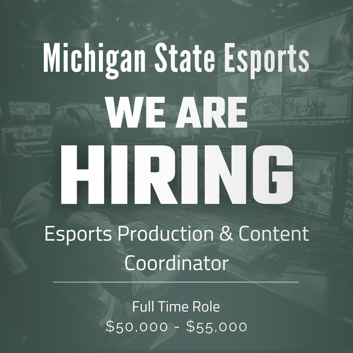 WE ARE HIRING! Esports Production & Content Coordinator -Develop and implement comprehensive content and production strategy -Supervise student esports staff -Full-time role, $50,000-$55,000 ⬇️Apply below⬇️ careers.msu.edu/en-us/job/5165…