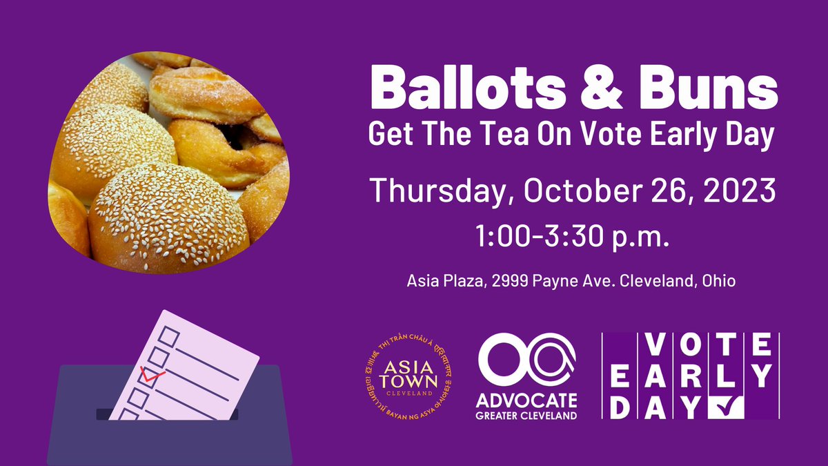 OCACleveland's tweet photo. Save-the-Date, Thurs, 10/26 for Vote Early Day at Asia Plaza in Cleveland's Asiatown. Join us for a cup of tea, baked Asian buns and learn about your vote early options.
Learn more at https://t.co/E5POFqnQUd
#VoteEarlyDay #VoteEarly #VoteReady #CLEready #ACEtheVote https://t.co/PuQPUO5tUC