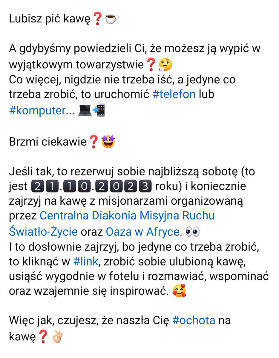 OazaKrakow's tweet photo. Wszelkie #informacje znajdziecie w linku ☕️❗️👇🏻
https://t.co/Xjpk11oETe
—
#kawa #misje #misjonarze #cdmis #oazawafryce #kawazmisjonarzami #ruchświatłożycie
@EKorbut https://t.co/J6AzKkYvgS