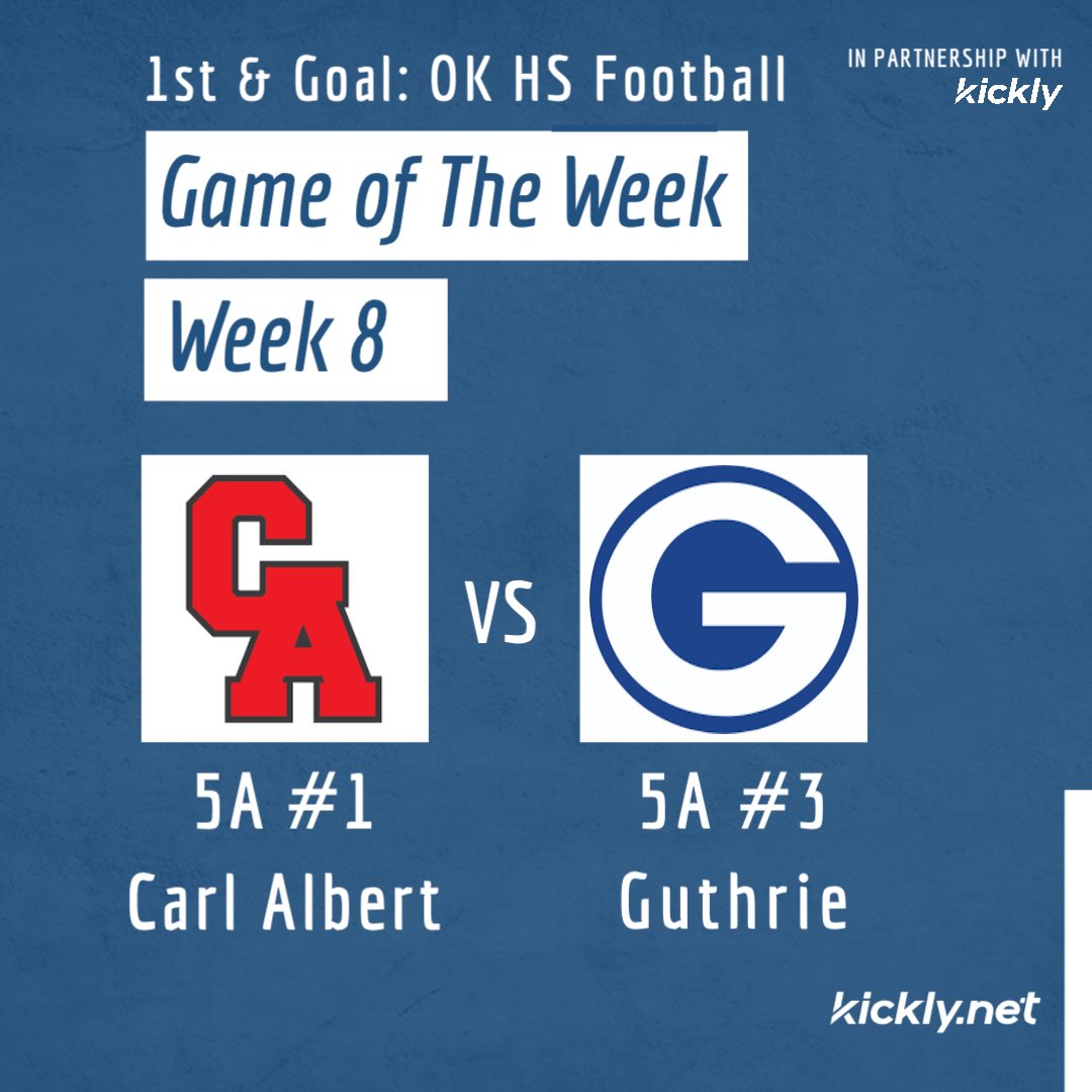 Week 8 Games of the Week! Last Matchup- Carl Albert 41 Guthrie 7 (2022) Series History- 28-21 Carl Albert Players to Watch Carl Albert- Trystan Haynes CB/WR (@Haynes5Trystan) Guthrie- Nate Benford CB/WR (@NateBenford_1) #okpreps