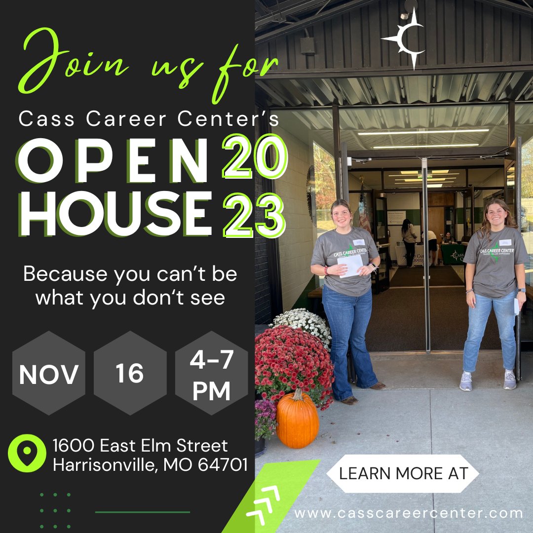 Exciting news for students, parents, and members of Cass County! You're invited to CCC's Open House!

>11.16.2023
> 4:00 pm - 7:00 pm

Are you curious about your future career options? Wondering how to prepare for life after high school? Join us and see what you could be!