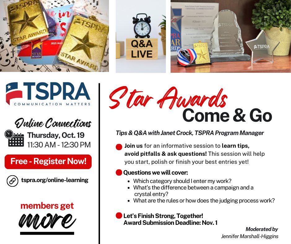 tspra's tweet photo. Ready to enter TSPRA’s Star Awards? We’ve got the tips! Jump on and ask a question or stay for the hour! Janet will help simplify the process for you and your team! See you on Thursday from 11.30 am to 12:30 pm for TSPRA Online Connections! #MembersGetMore https://t.co/r4pj0Oeo48