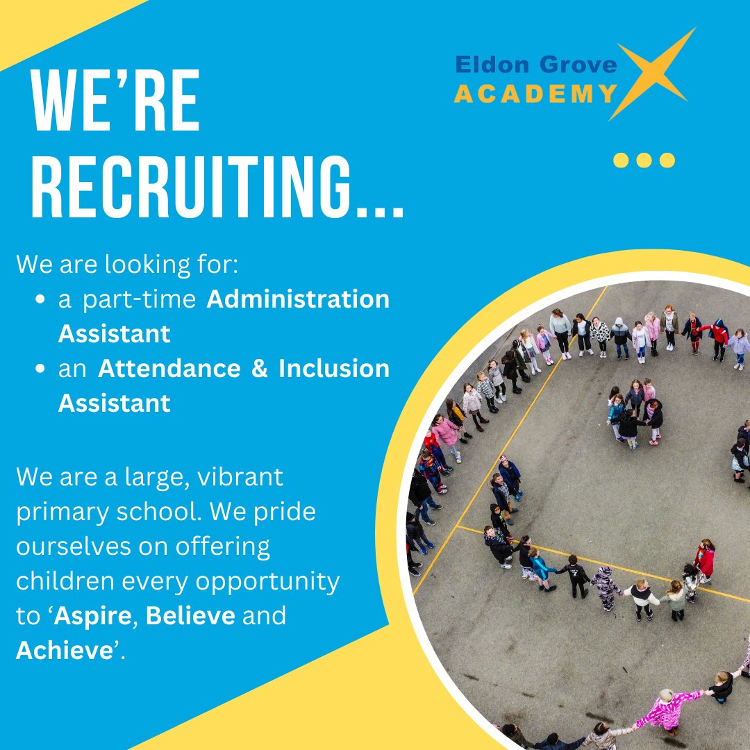 EldonGroveAcad's tweet photo. JOIN US

We're currently looking for an Administration Assistant and Attendance &amp; Inclusion Assistant to join our vibrant, happy school. 

Visit https://t.co/1OWghhclNe and https://t.co/8pK99bkjl3 for more information.

cc:@extoltrust https://t.co/lBpLMu3Do8