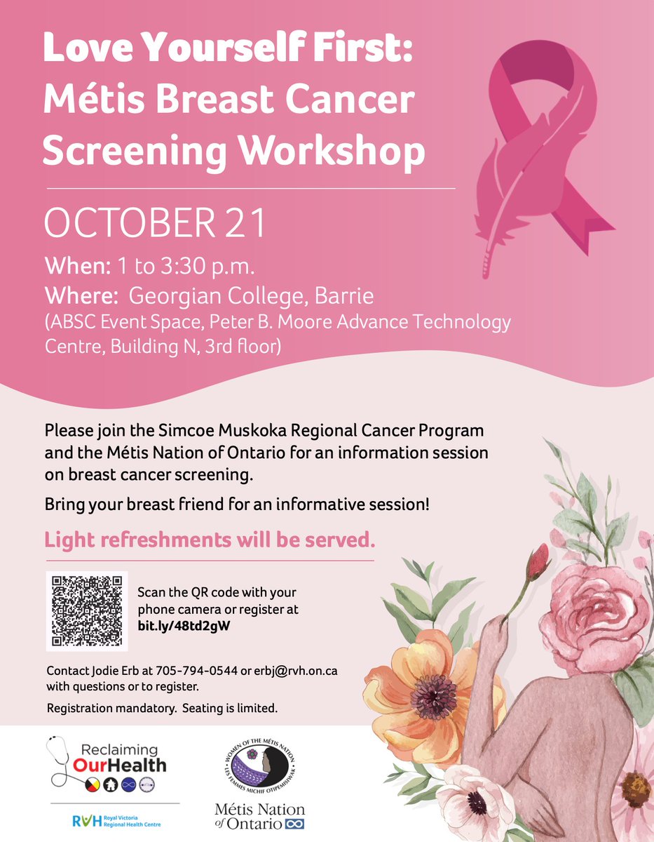 Metis Breast Cancer Screening Workshop taking place on October 21st at 1pm - 3:30pm at Georgian College, Barrie! Please scan the QR code to register!