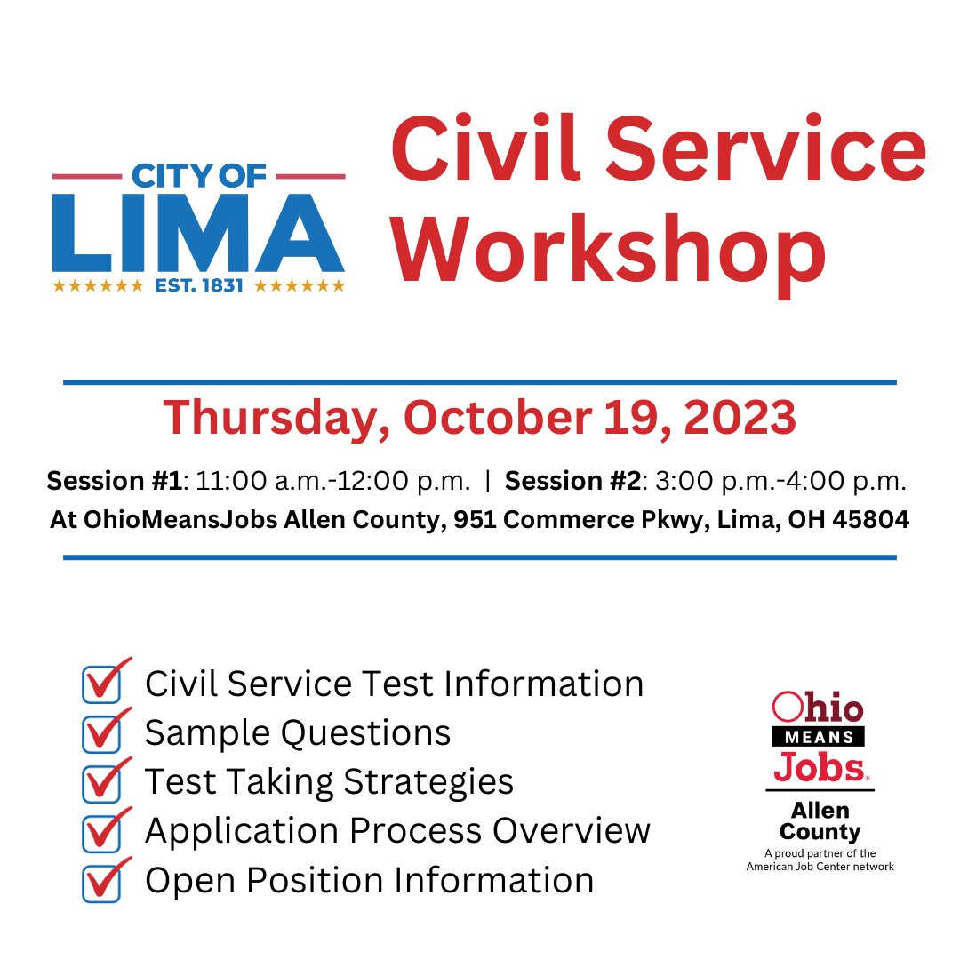 REMINDER**
Don't miss your chance to learn more about joining the City of Lima, OH - Government team with their Civil Service Workshop Sessions at our agency TOMORROW, Thursday, October 19th!
#CivilService #MoreJobs