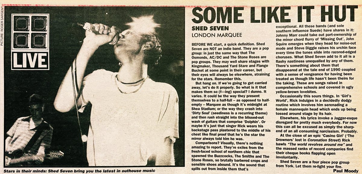 30 years ago this month a very young (and unsigned) Shed Seven came down to London to seek fame, fortune and of course a record deal!

Here's the thoughts of the NME's Paul Moody after he saw them at the legendary Marquee.

📸 <a href="/RogerSargo/">Roger Sargent 📸</a>