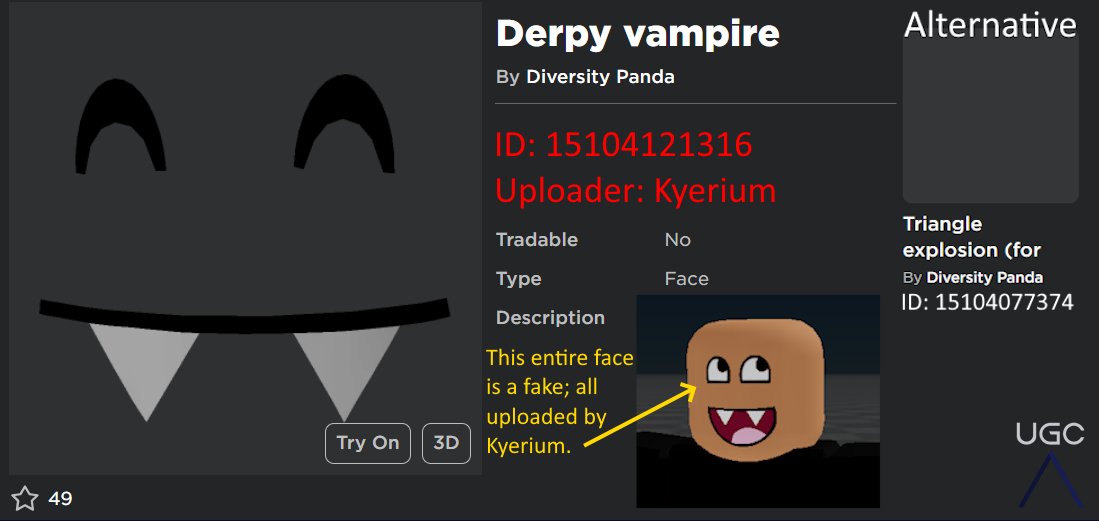 Peak” UGC on X: UGC creator UsualRage uploaded a near 1:1 copy of the  item Epic Vampire Face in 2 parts. #Roblox #RobloxUGC   / X