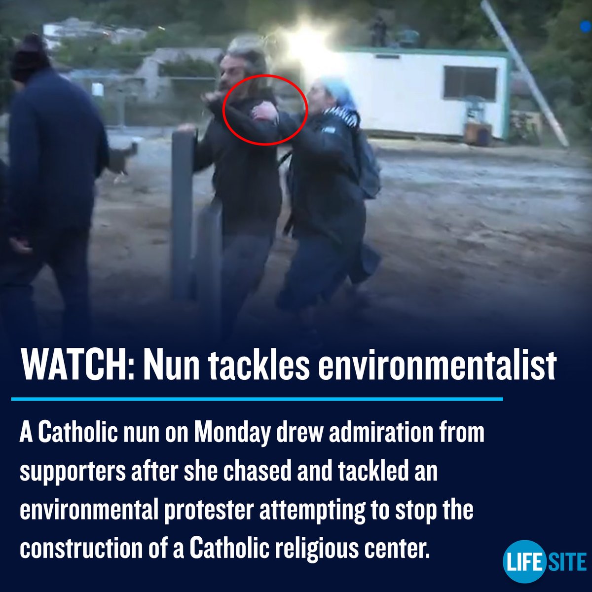 LifeSite's tweet image. A Catholic nun has drawn admiration from supporters after she chased and tackled an environmental protester attempting to stop the construction of a Catholic religious center.

MORE: lifesitenews.com/news/watch-nun…

#CatholicTwitter #environmentalists #ClimateCult